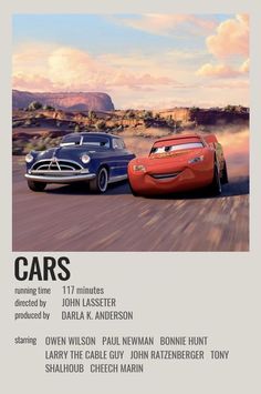 the cars movie poster is shown with two cars driving in front of each other on a road