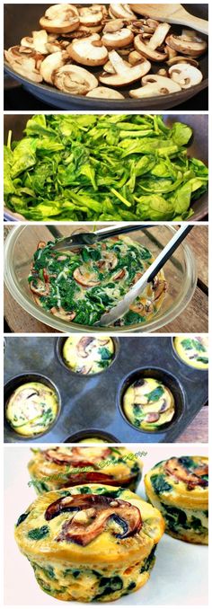 the process of making an omelet with spinach and mushrooms in it is shown