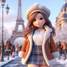 a doll is standing in front of the eiffel tower, wearing a hat and coat