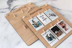 a wooden board with pictures and clothes pins attached to it that says i love you