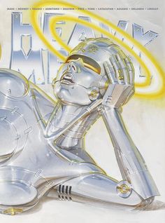 a drawing of a woman in silver with the words heavy metal on it's side