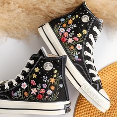 '' Custom Converse Hight Tops Chuck Taylor 1970s Embroidered Gardens Flower and Moon and Star, Peony, Poppies, Rose, Daisy Embroidered Converse Custom, Personalized Gifts for Her '' 🍀 Price includes Converse Shoes and Floral Embroidery Designs as shown 🍀 🍀 Shoe Type: Converse 1970s 🍀 Shoe color: 3. Black _1970s 1. DETAILS 🍀 You can send me your Converse, Vans, canvas shoes or I can buy them for you. Custom-ordered embroidered Vans and Converse shoes, please wait another 2-4 days. Each new pair of shoes from brand's store. Each pair is HAND EMBROIDERED to order, please make sure you put in the correct shoe size before you check out. The embroidery is meticulous and does not fade. 🍀 You will receive Vans and Converse shoes with floral embroidery designs as above. 2. PERSONAL EXPRESSION Embroidered Vans, Converse 1970s, Cute Converse Shoes, Embroidered Sneakers, Embroidered Converse, Cute Converse, Flower Moon, Preppy Shoes, Embroidery Shoes