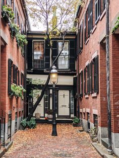 an alley way with brick buildings and trees