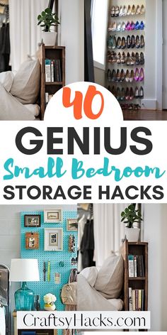 the words genius small bedroom storage hacks are shown