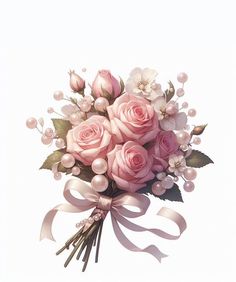 a bouquet of pink roses and baby's breath on a white background with ribbon