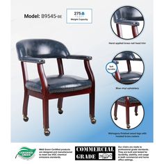 an advertisement for a chair with wheels and leather upholstered seat, featuring the model b95 - 3b