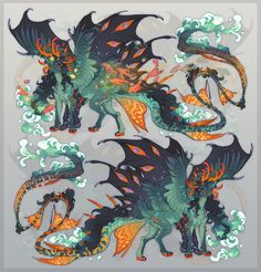 four green and orange dragon stickers on a gray background with white clouds in the sky