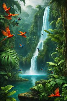 an image of birds flying over a waterfall in the jungle with trees and plants on either side