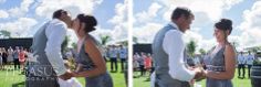 two pictures of a bride and groom kissing each other in front of a group of people