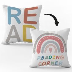 two pillows with the words reading corner on them and an arrow pointing to each other