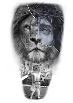 a lion and a man are depicted in this collage