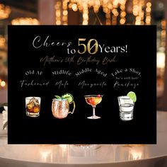 a 50th birthday card with cocktails on it