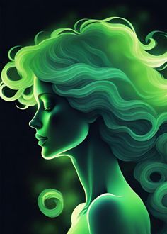 a painting of a woman with green hair and curls on her head, against a black background