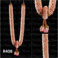 three necklaces with pink flowers hanging from the side and on top of each other