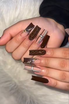 Brown Inspo Nails, Brown And Black Nail Designs, Aphrodite Nails, Funky Nail Designs, Fall Acrylic, Long Square Nails, Nails Brown, Hello Nails, Nail Drawing