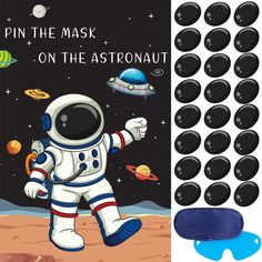 the outer space themed party supplies includes an astronaut mask, eye patch and stickers