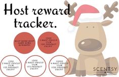 a reindeer with santa's hat sitting next to three circles that say, host reward tracker