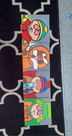 an image of some cartoon characters on the floor with black and white tile behind them