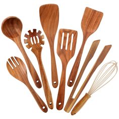 wooden kitchen utensils are lined up on a white background