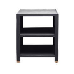 the side table is black and has two shelves on each side, one with a white top