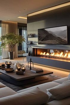 modern living room with fireplace and large screen tv