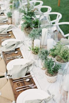 an outdoor table set with place settings and greenery in pots on the top, along with silverware