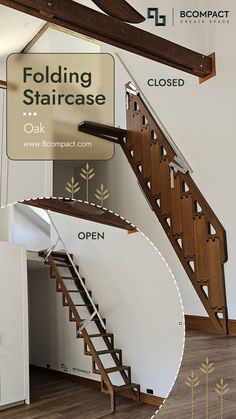 an open stair case with wooden handrails next to a white wall and wood flooring