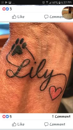 a dog's paw with the word billy written on it and two hearts in the middle