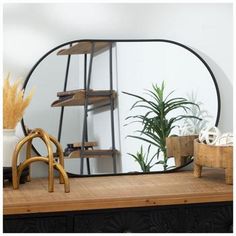 an oval mirror sitting on top of a wooden table next to a potted plant