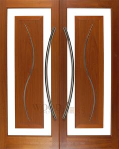 two wooden doors with metal handles and glass panels on each door, one is open