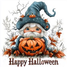 an image of a happy halloween card with a gnome holding a jack - o'- lantern