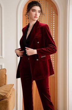 Red Velvet Suit, Velvet Suit Design, Suits Business, Velvet Pant, Women Suits, Womens Suits Business, Velvet Suit, Rich Burgundy, Deep Winter