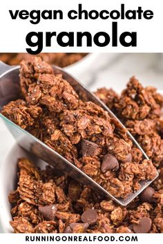 chocolate granola is being spooned into a bowl