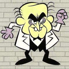 a cartoon character is standing in front of a brick wall with his fist raised up