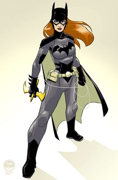 a woman dressed as batgirl standing in front of a white background with the words batman on it