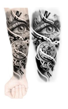 two tattoos with different designs on each arm and one has an eye in the middle