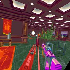 an image of a virtual video game with red and purple colors on the walls,