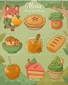 an illustrated poster with many different foods and desserts on it's sides, including apples