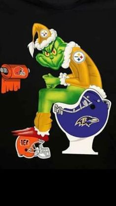 an image of a cartoon character sitting on top of a toilet with football helmets around it