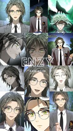 the many faces of an anime character with glasses and long hair, in different poses