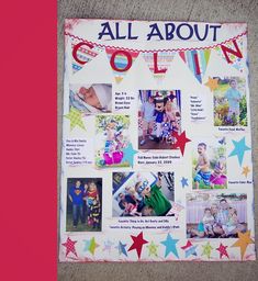 an all about collage is displayed on the floor in front of a bulletin board