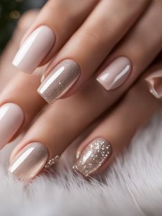 Find 45 warm and elegant nail colors to try this September for a chic look #SeptemberNailColors #WarmNailShades #ElegantNails #FallNailTrends2024 #SeasonalManicure #ChicNailInspo #AutumnNailColors #NailArtIdeas #CozyNailDesigns #NailGoals2024 Christmas Nails 2023 Neutral, Festive Nail Designs Sparkle, Beige Nails With Sparkle, Cream Holiday Nails, Nude Nails Christmas Design, Christmas Nails Champagne, Dip Powder Nails With Designs Christmas, New Year Sparkle Nails, Holiday Nails Silver Sparkle