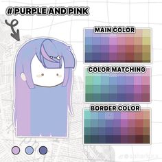 the purple and pink hair color scheme is shown with different colors in each section, including blue