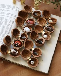 an open book sitting on top of a table filled with chocolates and strawberries