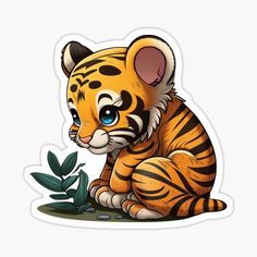 a cartoon tiger sitting on the ground next to a plant with leaves in it's mouth