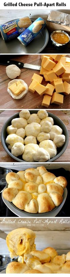 several different types of breads and pastries in pans