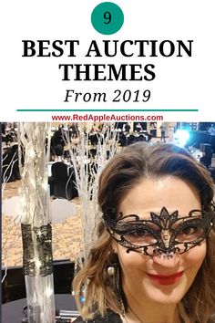 a woman wearing a mask with the words best auction themes from 2019 in front of her