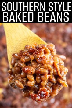 a spoon filled with baked beans on top of a yellow cloth and text overlay reads southern style baked beans