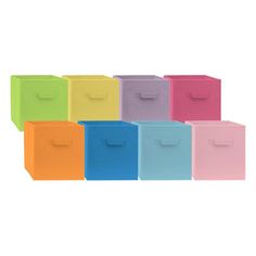 six different colored storage boxes with handles