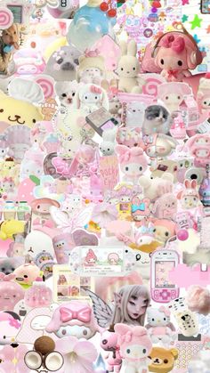 a collage of pink and white teddy bears with many other items in the background